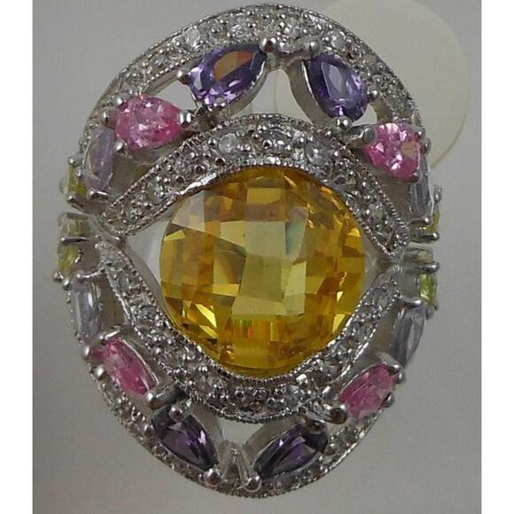 Vintage 1990's CZ Cocktail Statement Ring Simulated Canary Diamond Pink Sapphire